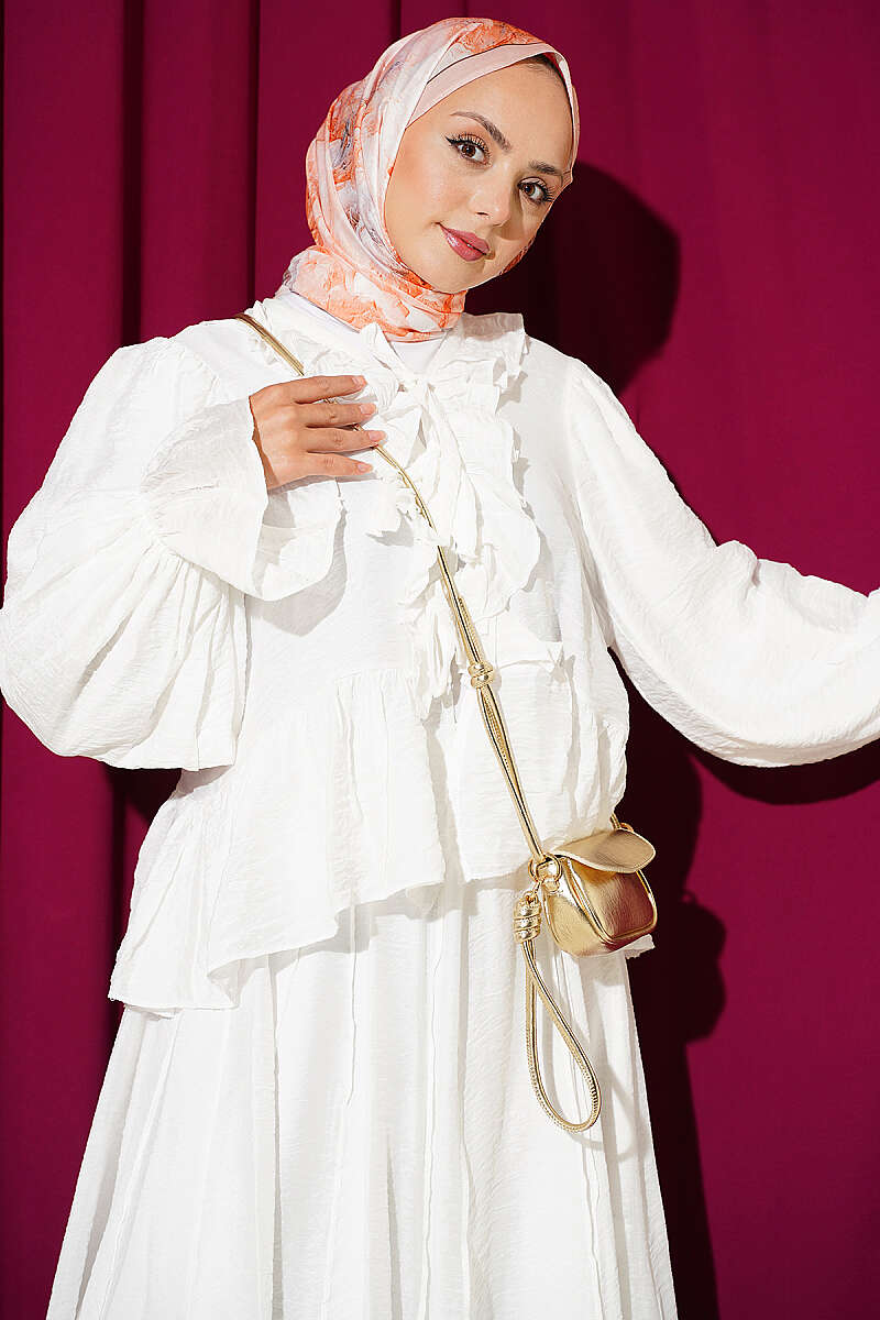Two-Piece Skirt Set with Ruffles and Tie - Ecru