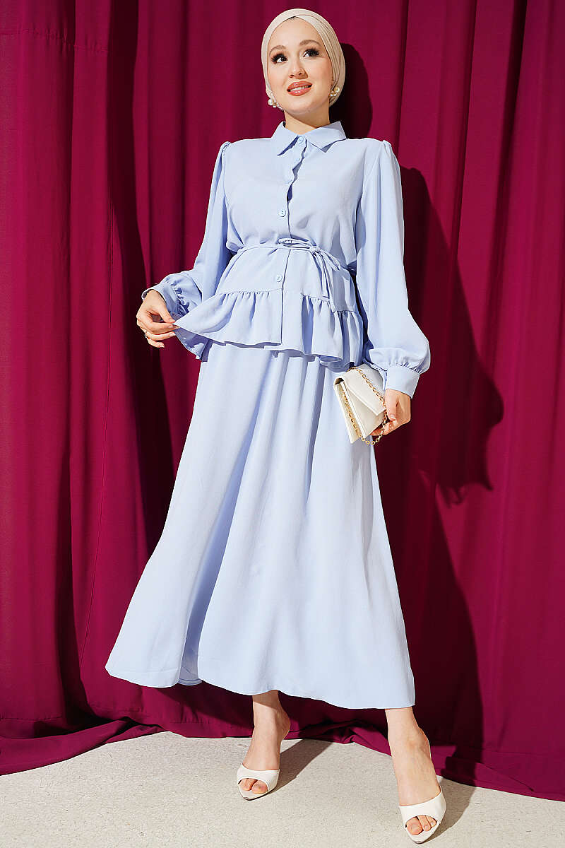 Skirt Set with Ruffles and Cord Belt - Blue