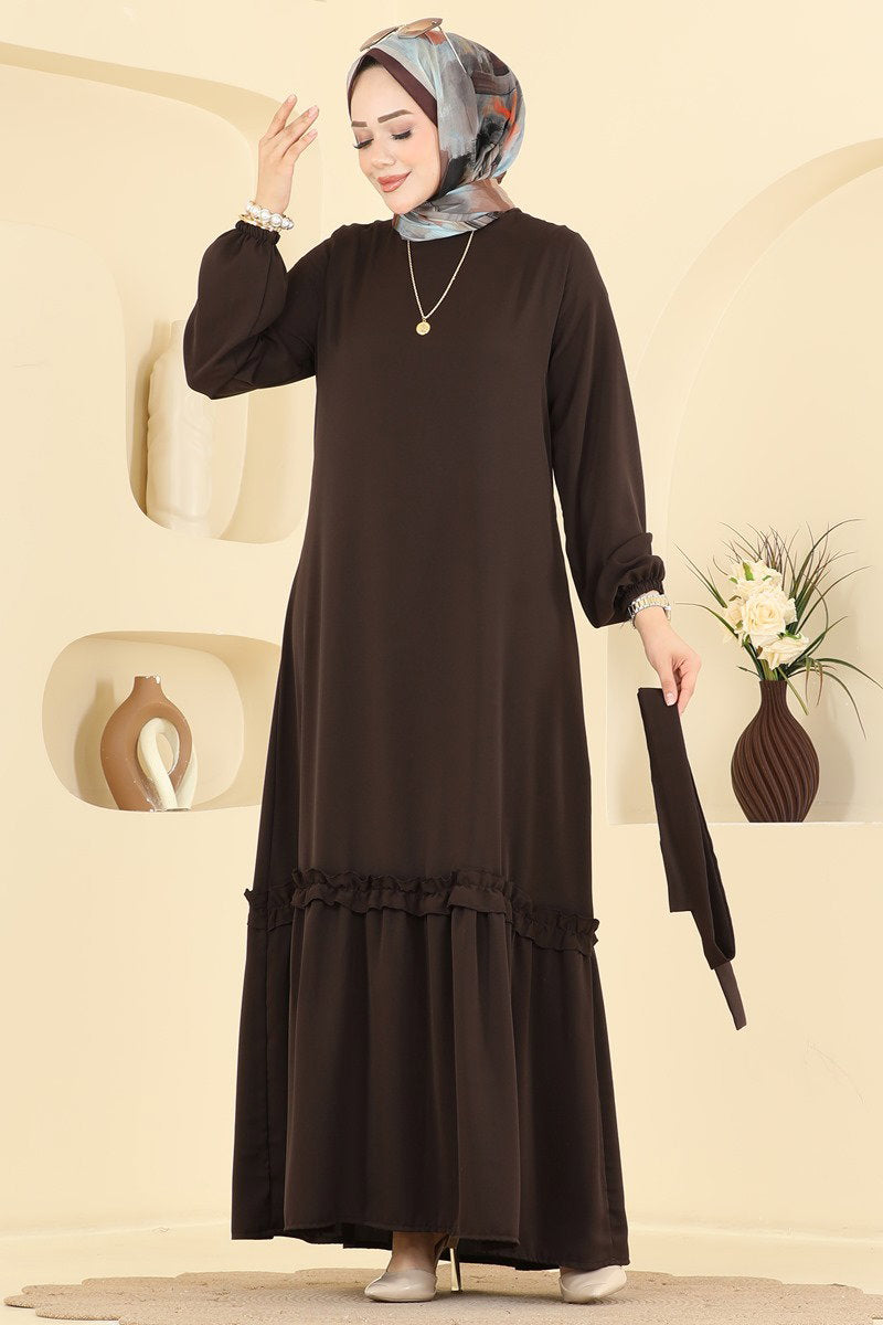 Belted Woven Dress with Ruffles - Dark Brown