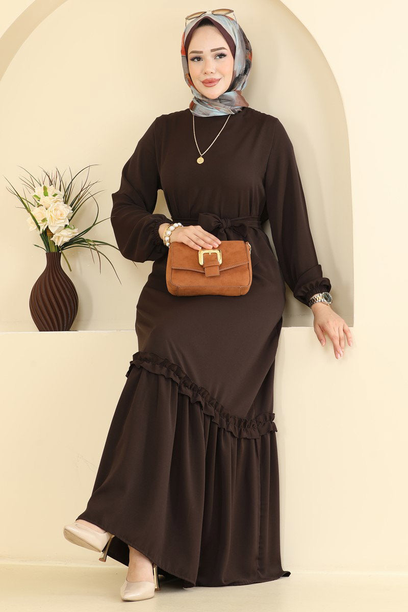 Belted Woven Dress with Ruffles - Dark Brown