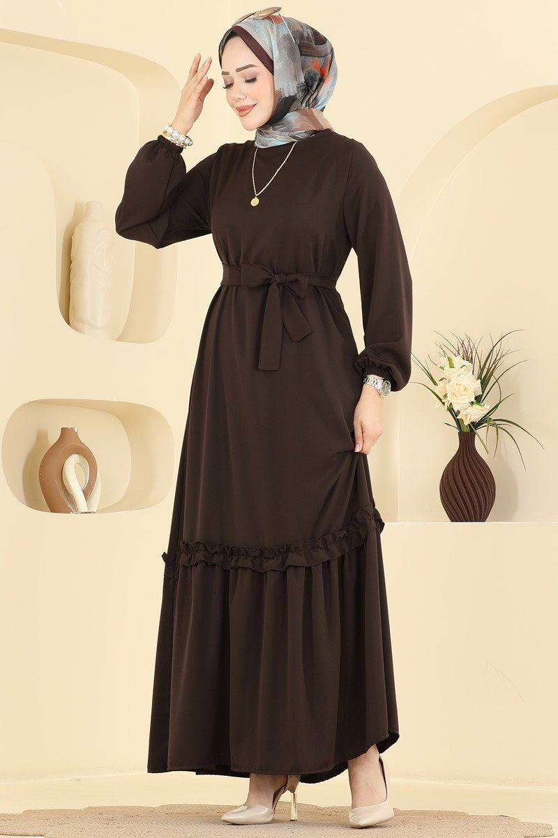 Belted Woven Dress with Ruffles - Dark Brown
