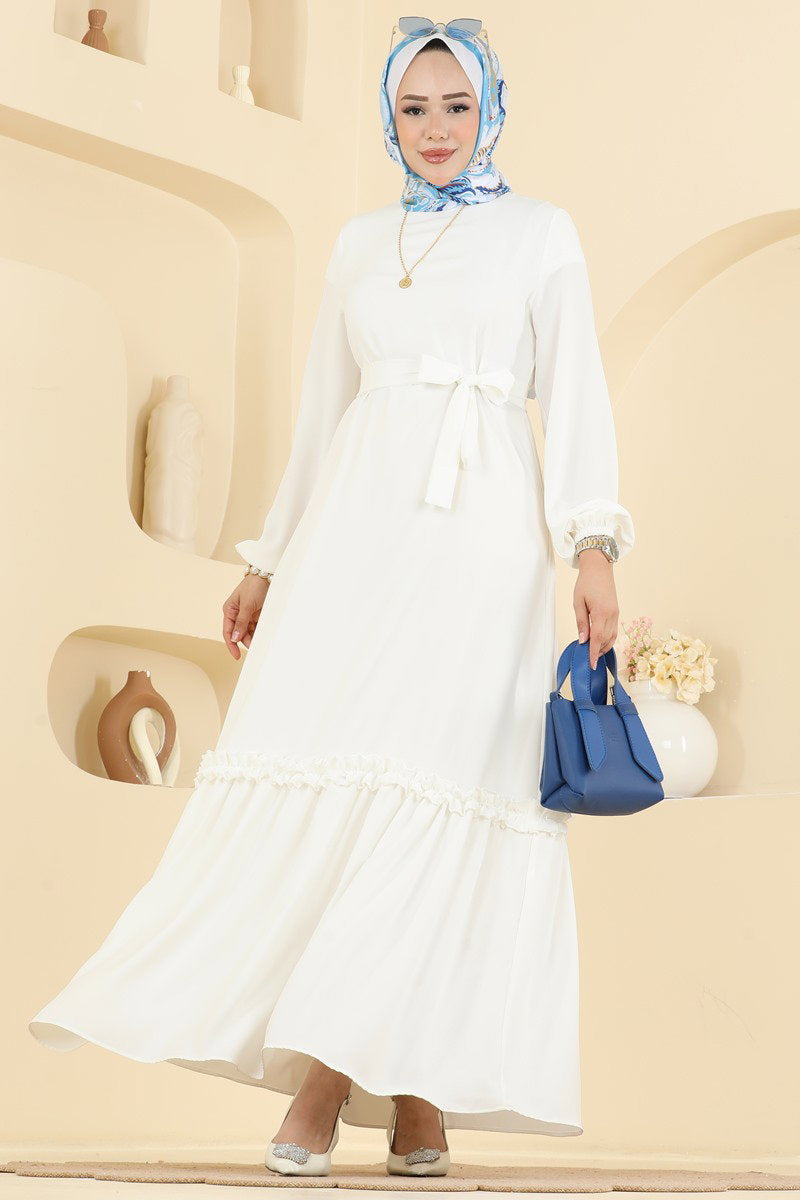 Belted Woven Dress with Ruffles - Ecru