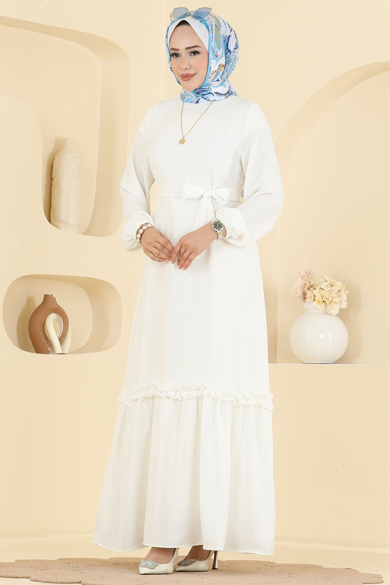 Belted Woven Dress with Ruffles - Ecru