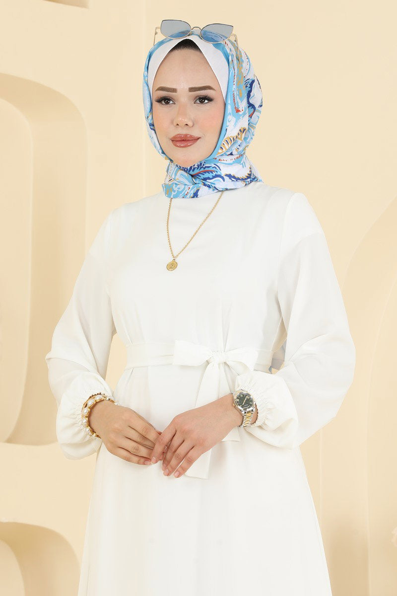 Belted Woven Dress with Ruffles - Ecru