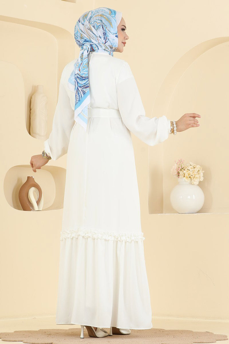 Belted Woven Dress with Ruffles - Ecru