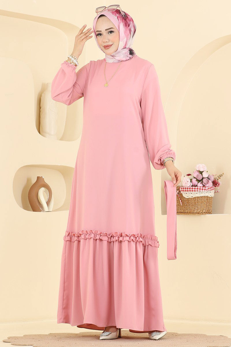 Belted Woven Dress with Ruffles - Dusty Rose