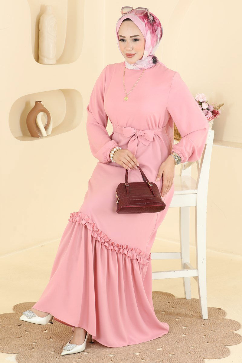 Belted Woven Dress with Ruffles - Dusty Rose