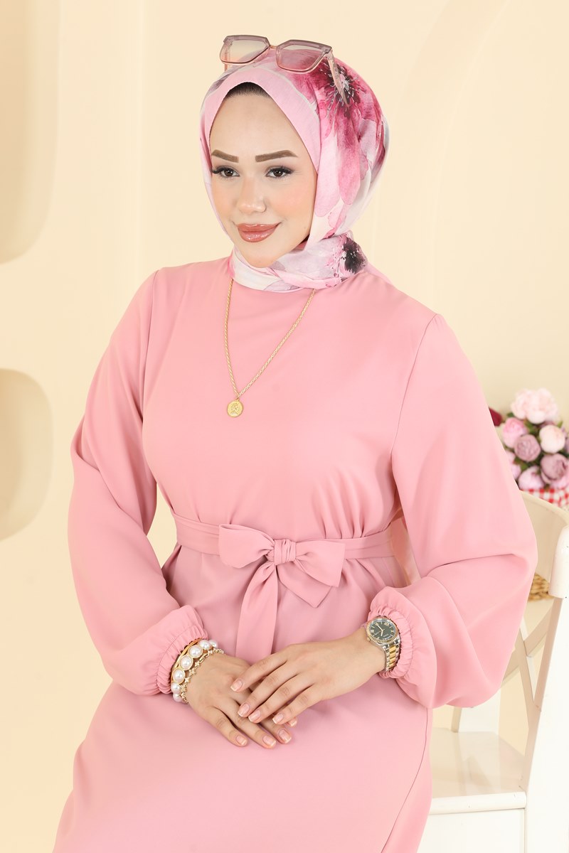Belted Woven Dress with Ruffles - Dusty Rose