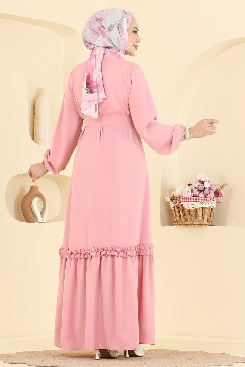 Belted Woven Dress with Ruffles - Dusty Rose