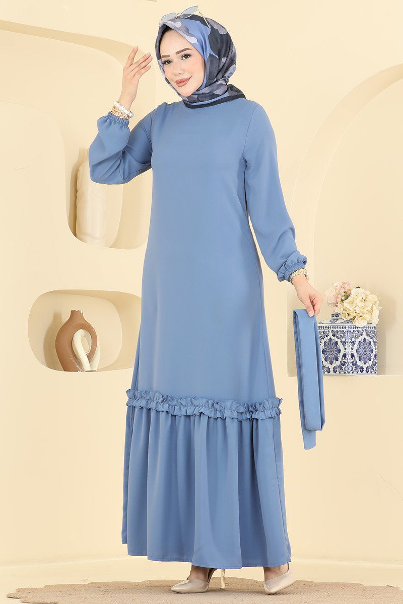 Belted Woven Dress with Ruffles - Indigo