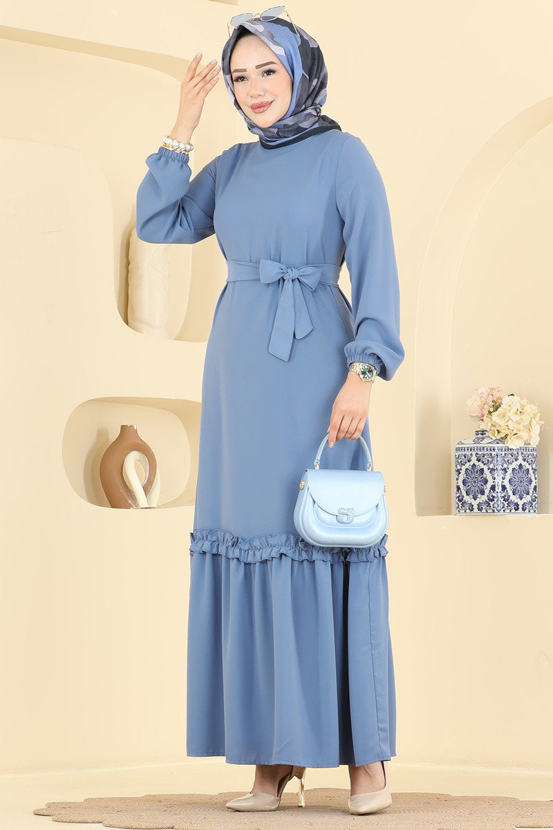 Belted Woven Dress with Ruffles - Indigo