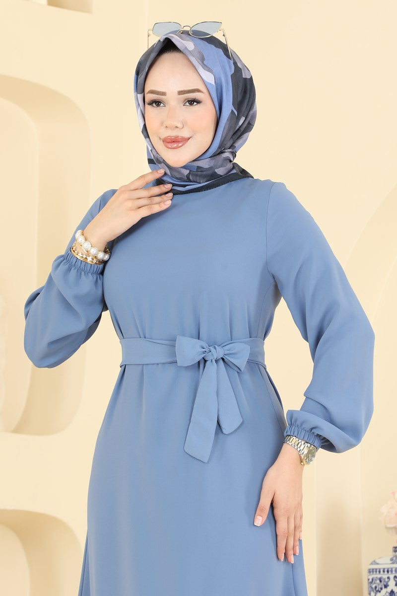 Belted Woven Dress with Ruffles - Indigo