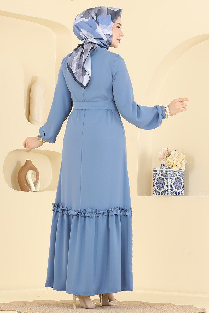 Belted Woven Dress with Ruffles - Indigo
