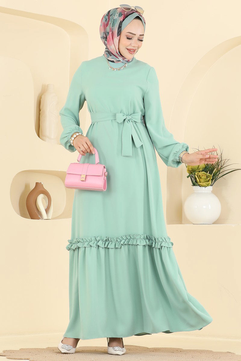 Belted Woven Dress with Ruffles - Mint
