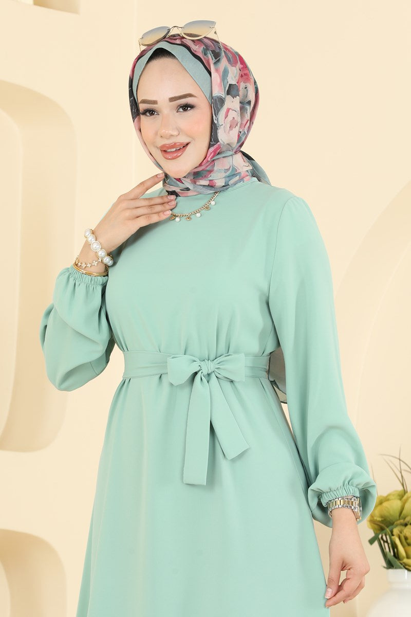 Belted Woven Dress with Ruffles - Mint