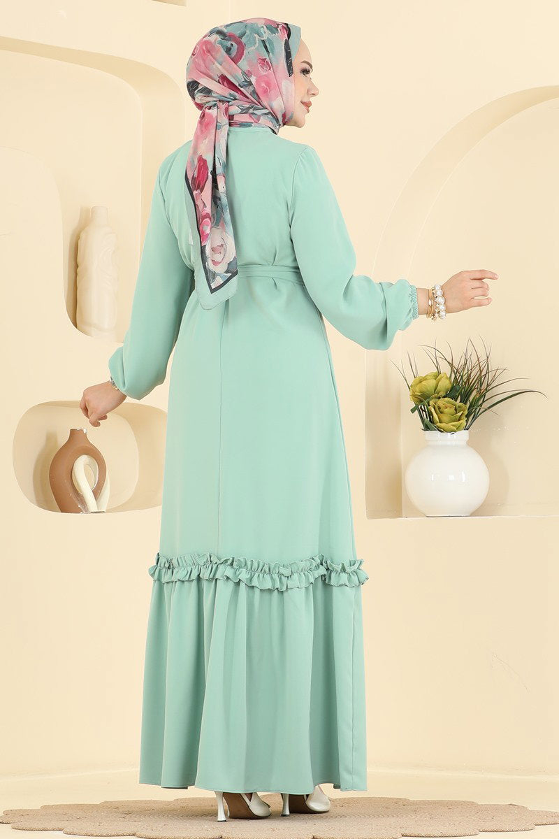 Belted Woven Dress with Ruffles - Mint