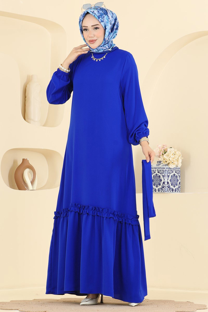 Belted Woven Dress with Ruffles - Saxe Blue