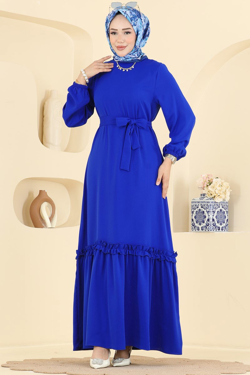 Belted Woven Dress with Ruffles - Saxe Blue