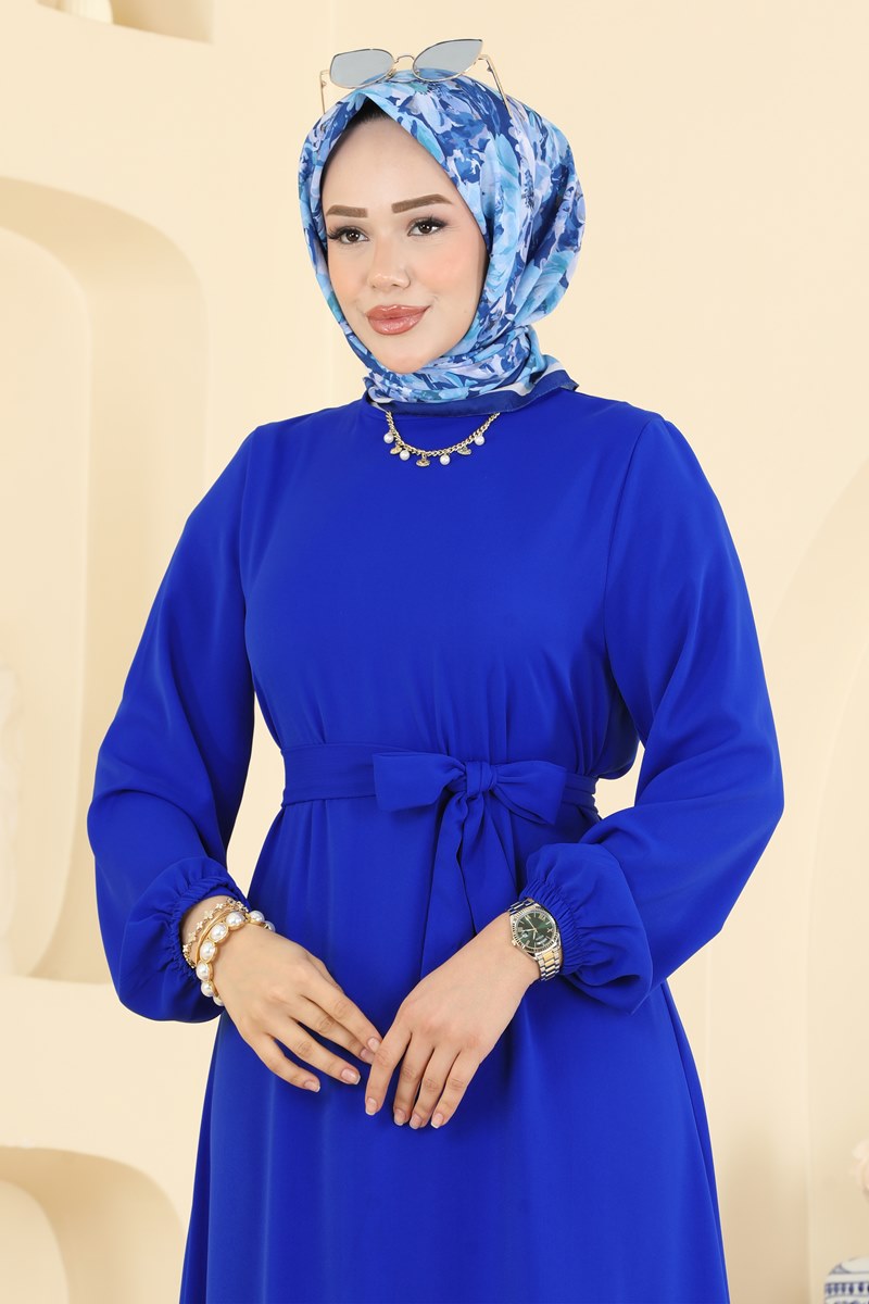 Belted Woven Dress with Ruffles - Saxe Blue