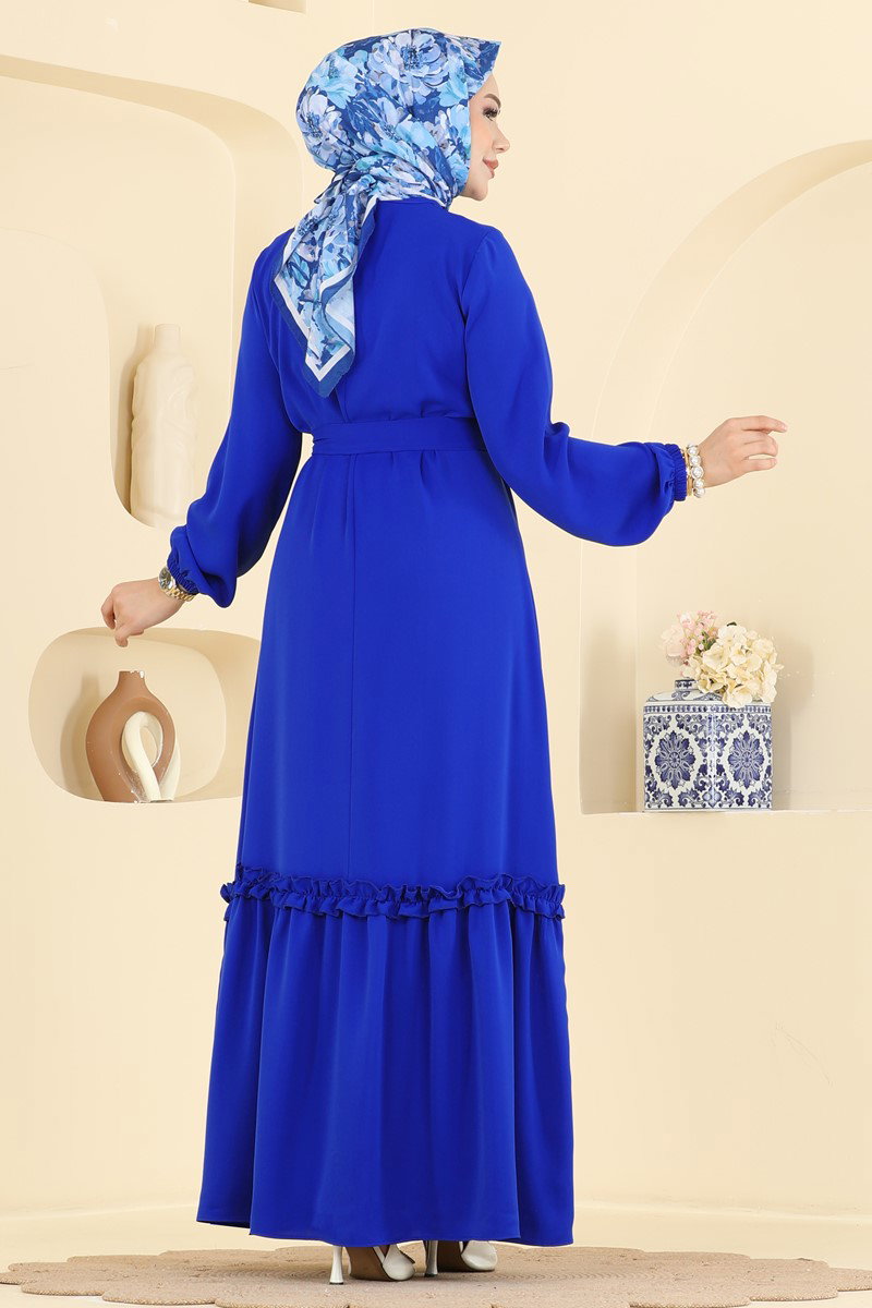 Belted Woven Dress with Ruffles - Saxe Blue