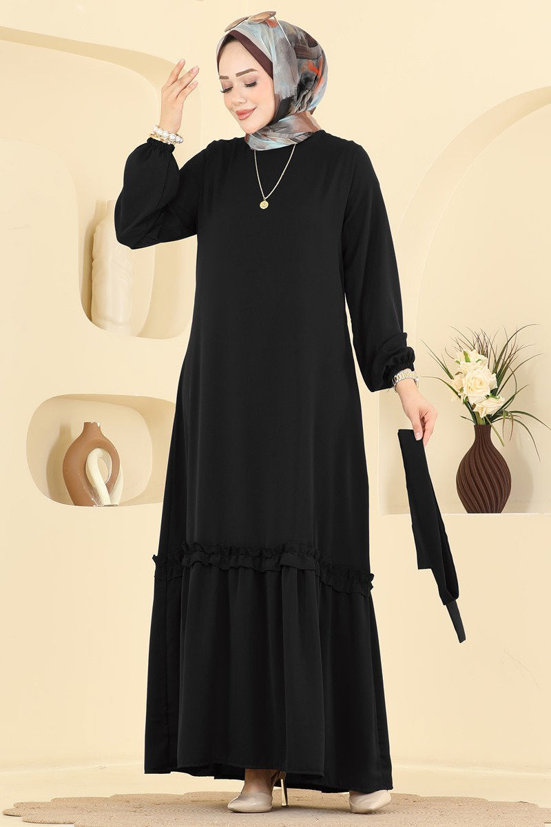Belted Woven Dress with Ruffles - Black