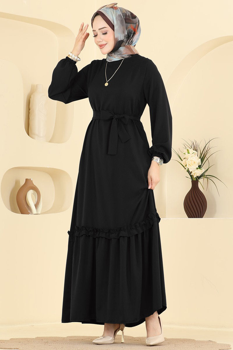Belted Woven Dress with Ruffles - Black