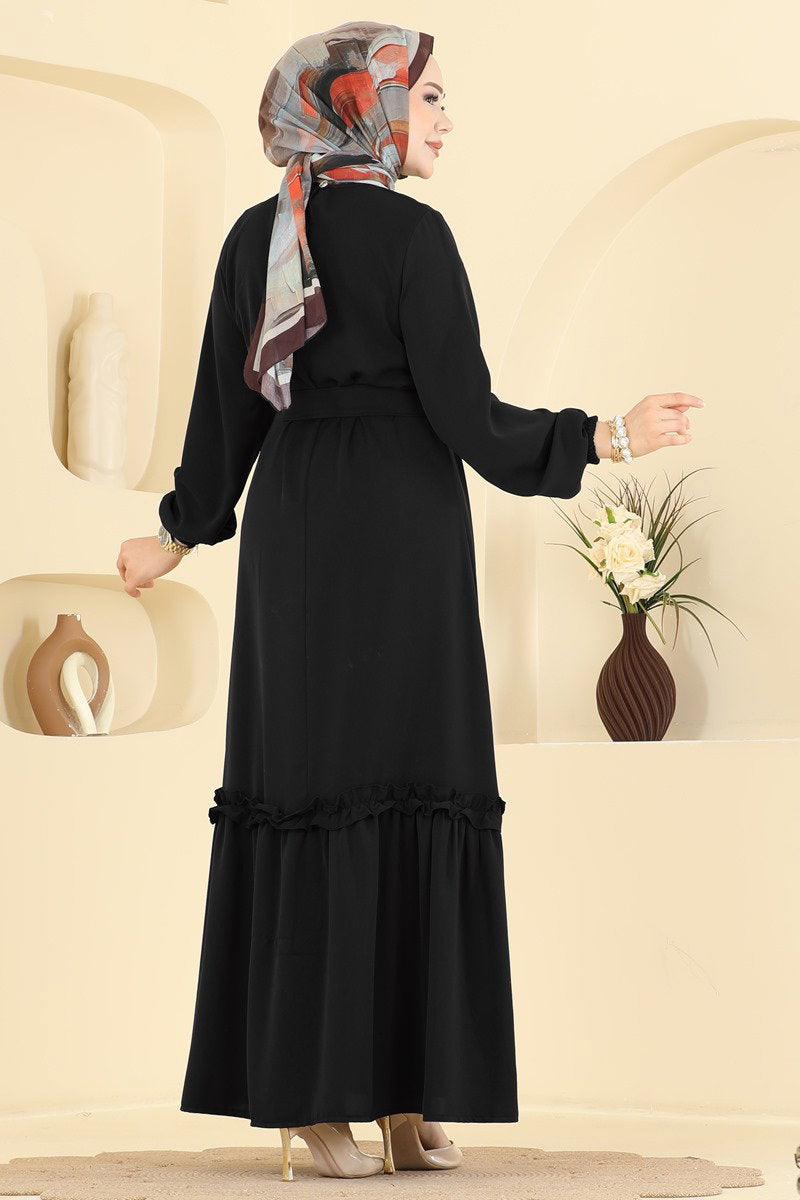 Belted Woven Dress with Ruffles - Black