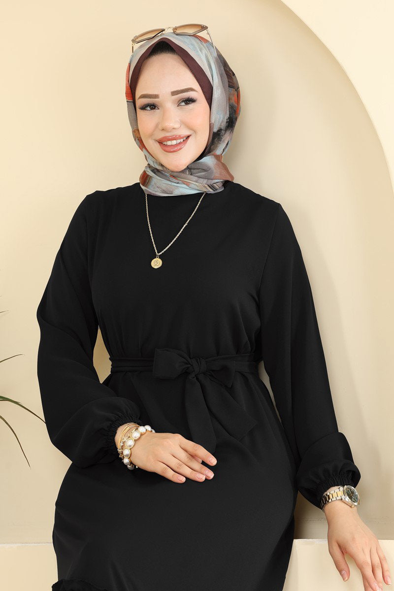 Belted Woven Dress with Ruffles - Black