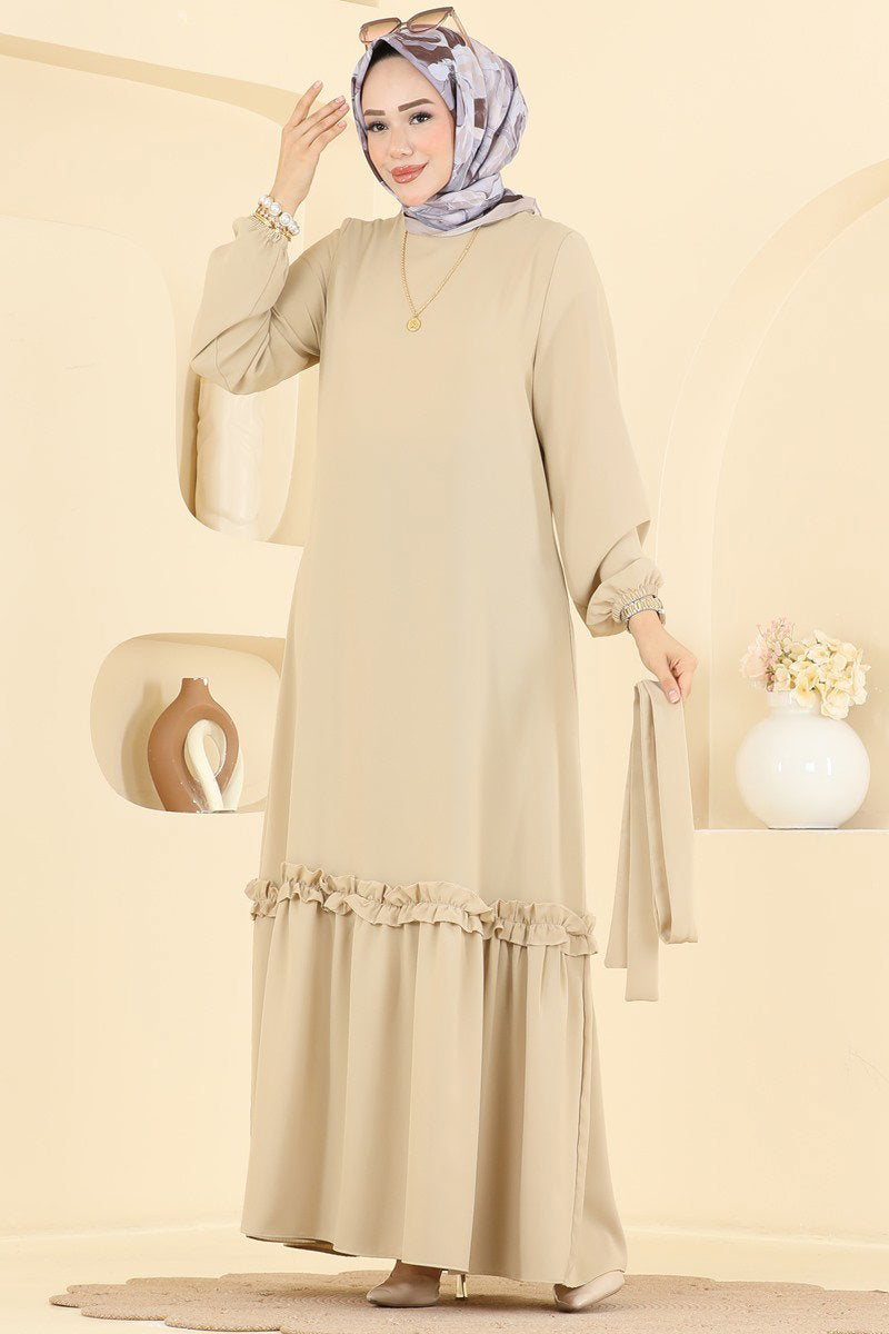 Belted Woven Dress with Ruffles - Stone