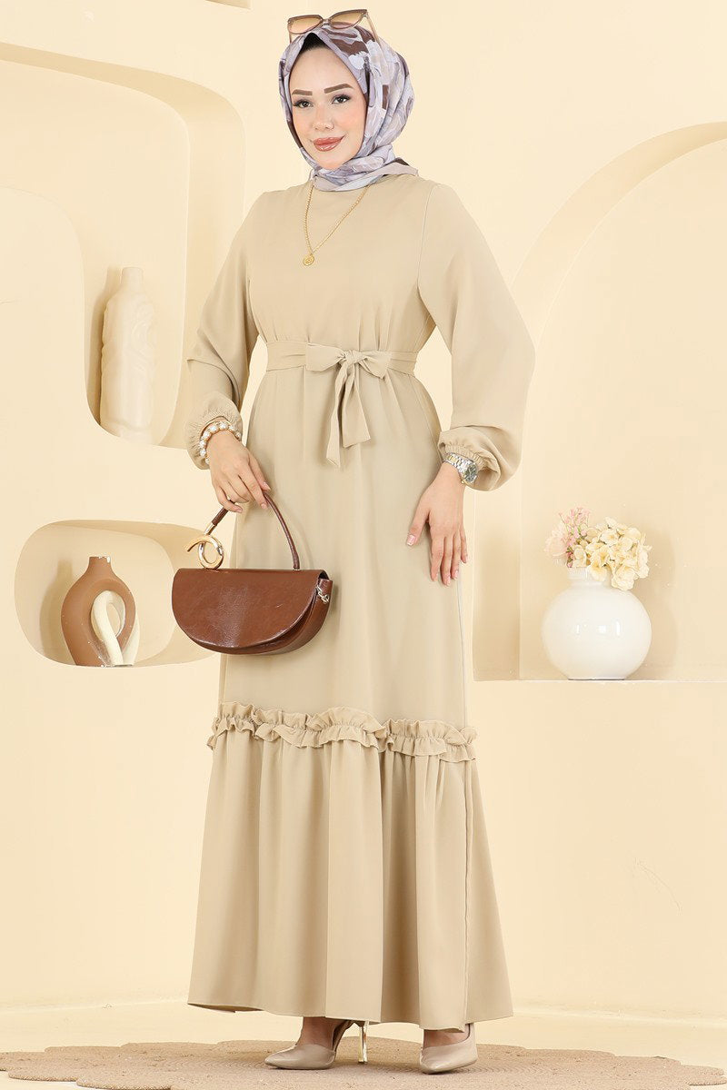 Belted Woven Dress with Ruffles - Stone