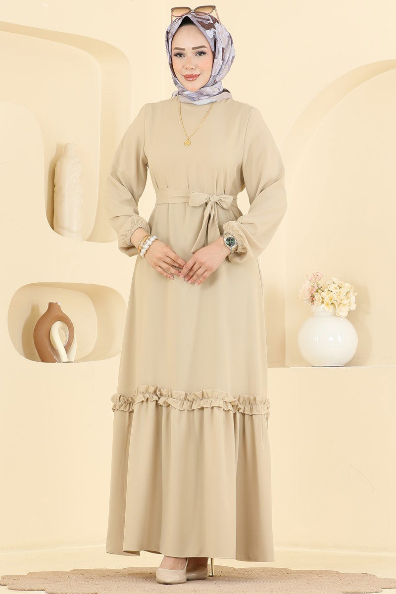 Belted Woven Dress with Ruffles - Stone