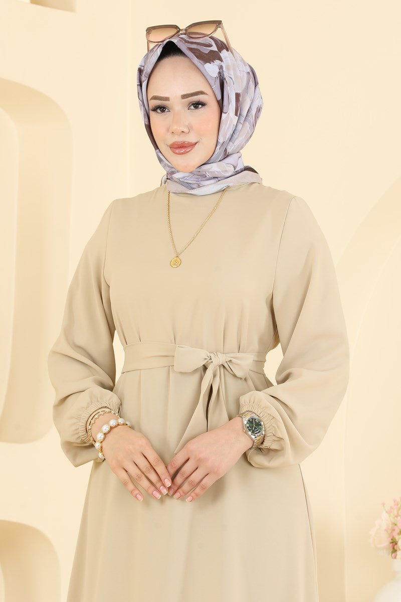 Belted Woven Dress with Ruffles - Stone