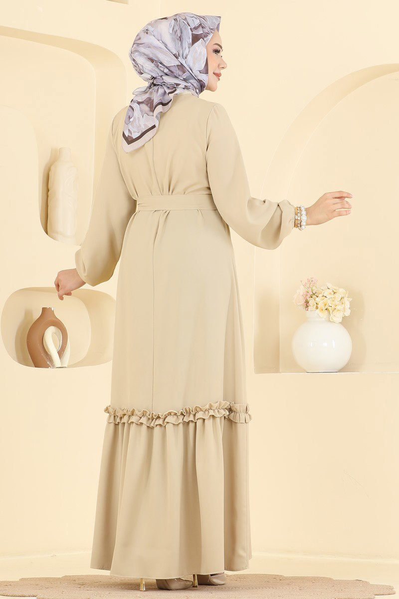 Belted Woven Dress with Ruffles - Stone