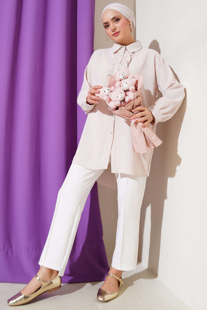 Striped Shirt with Ruffle and Stone Buttons - Beige
