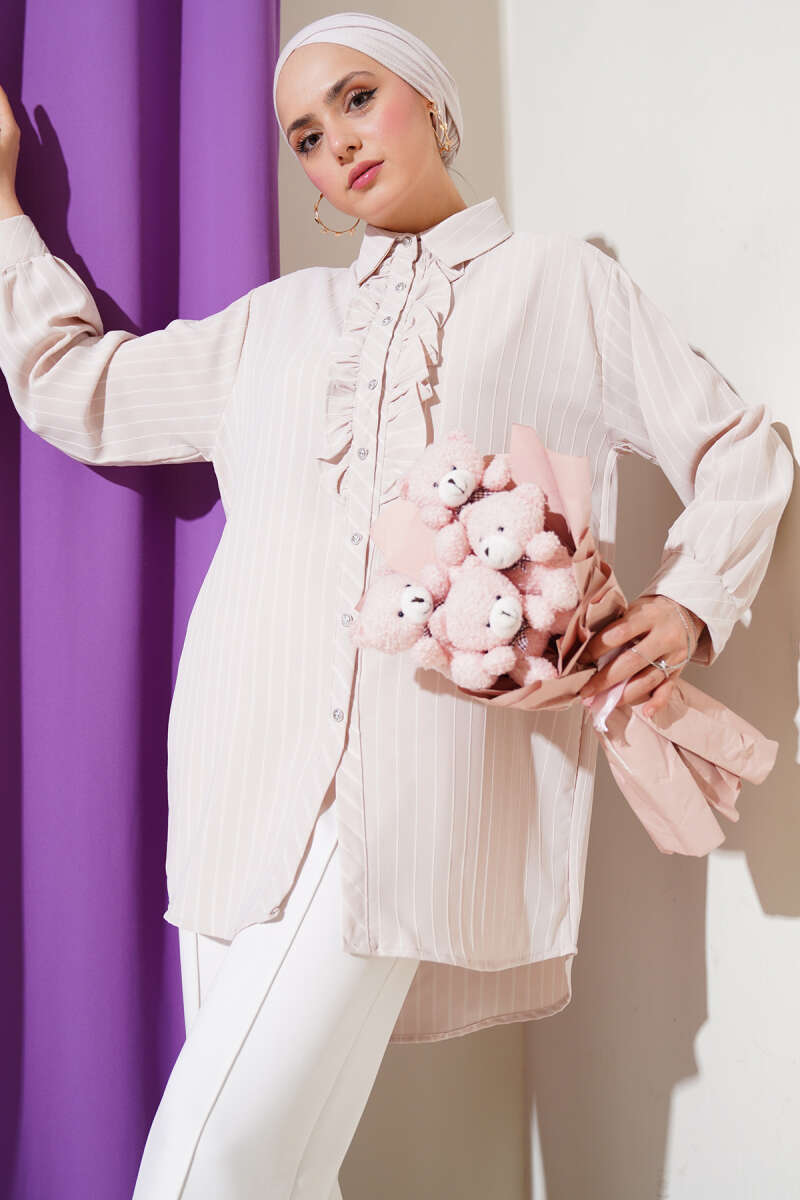 Striped Shirt with Ruffle and Stone Buttons - Beige