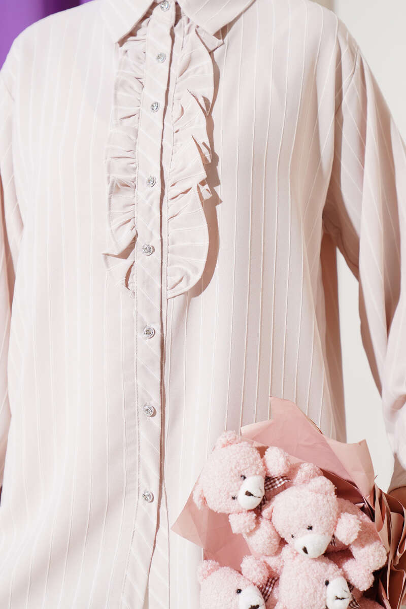 Striped Shirt with Ruffle and Stone Buttons - Beige