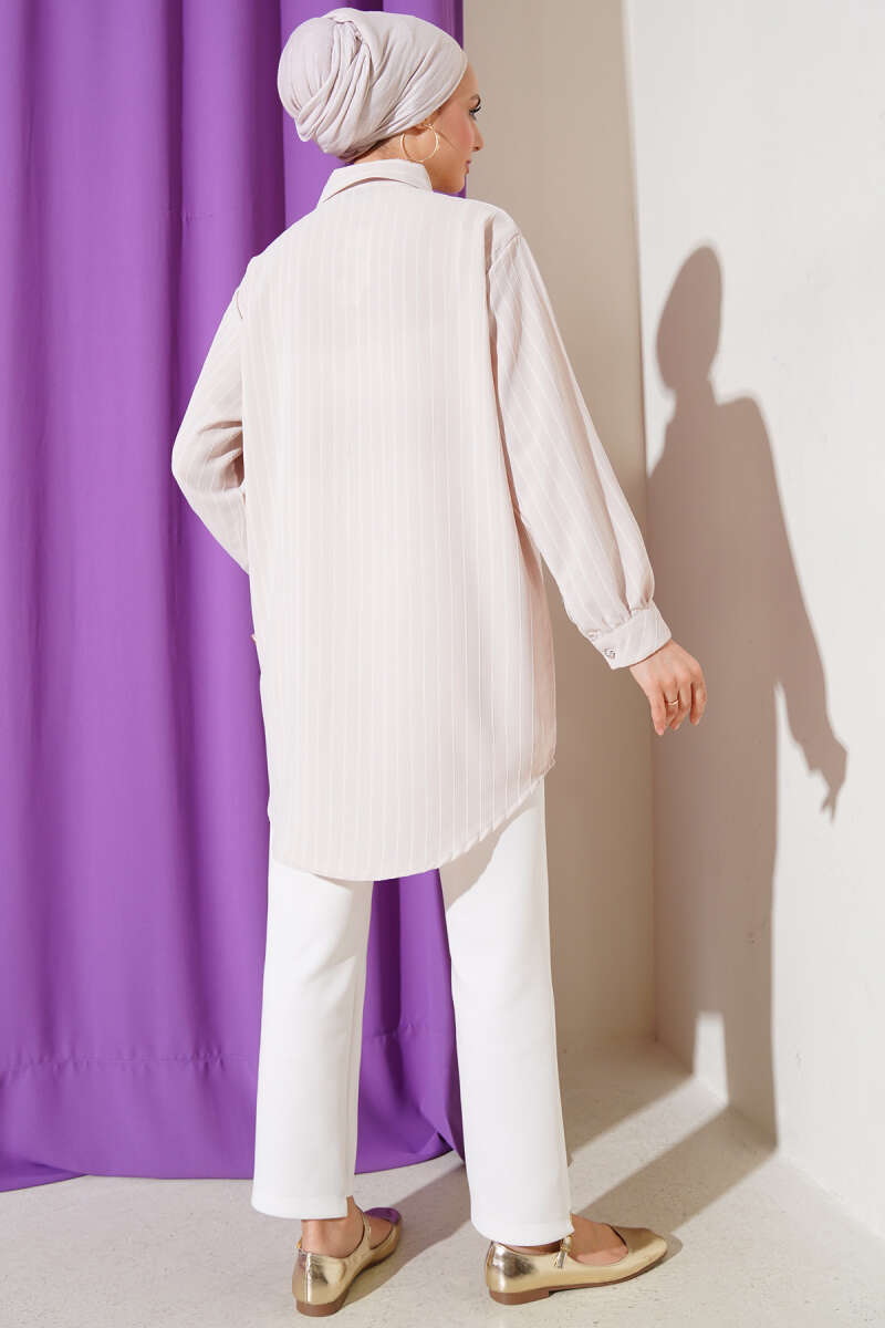 Striped Shirt with Ruffle and Stone Buttons - Beige