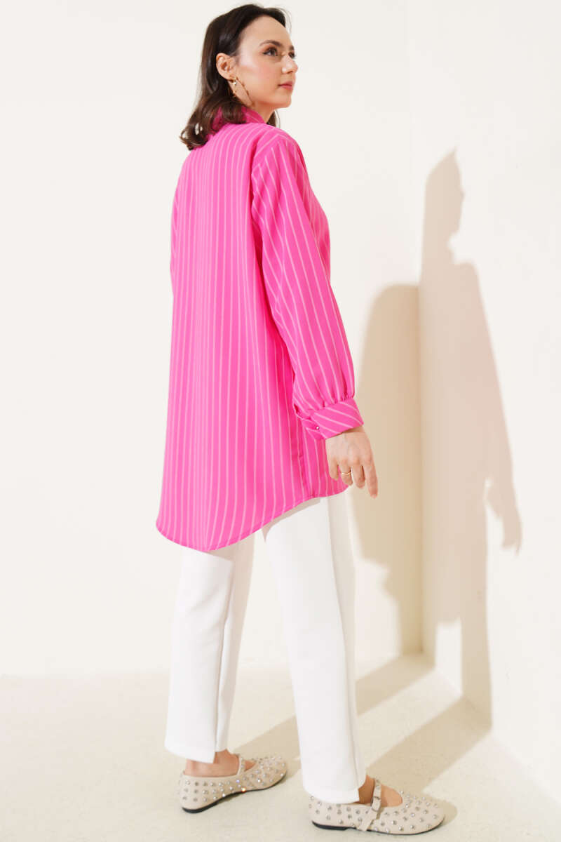 Striped Shirt with Ruffle and Stone Buttons - Fuchsia