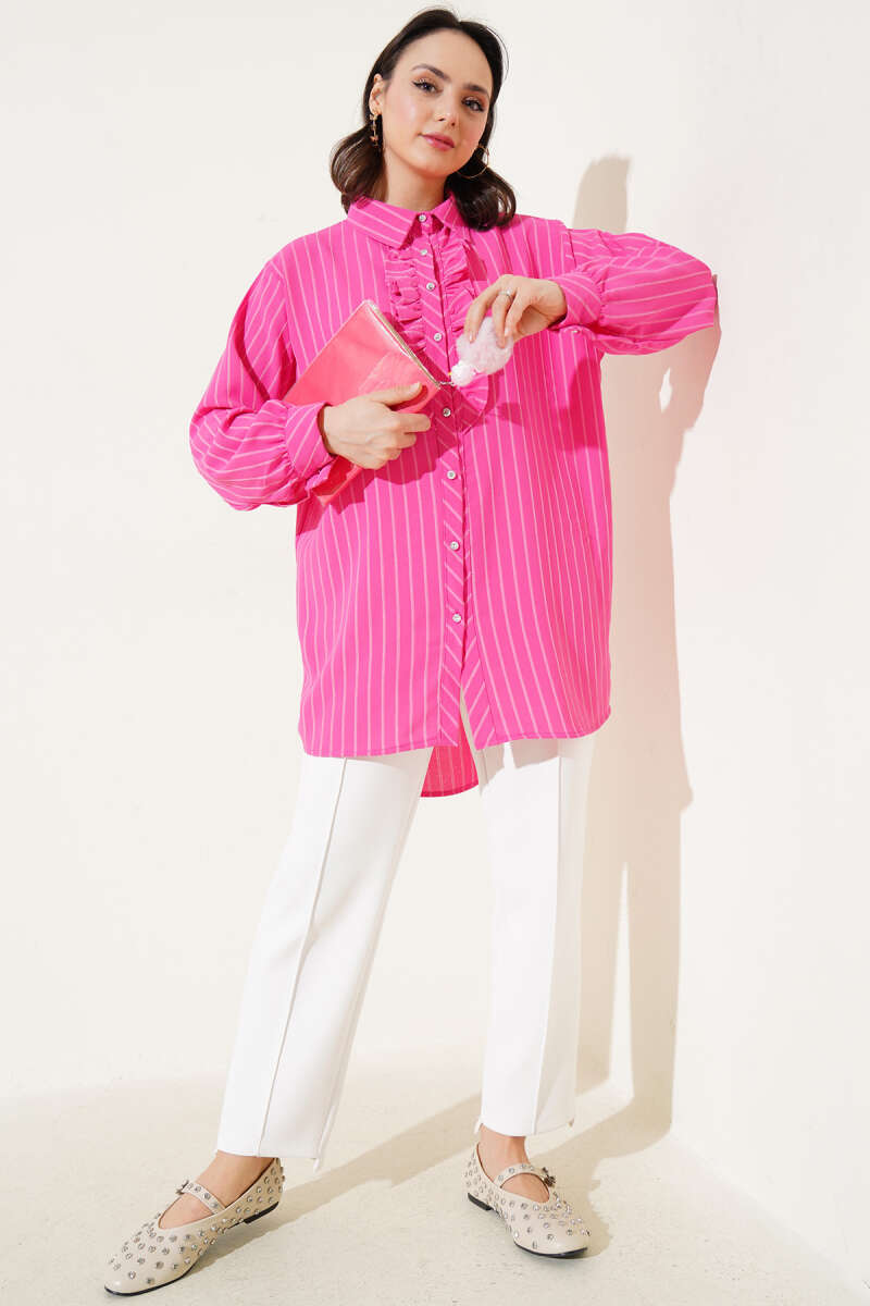 Striped Shirt with Ruffle and Stone Buttons - Fuchsia