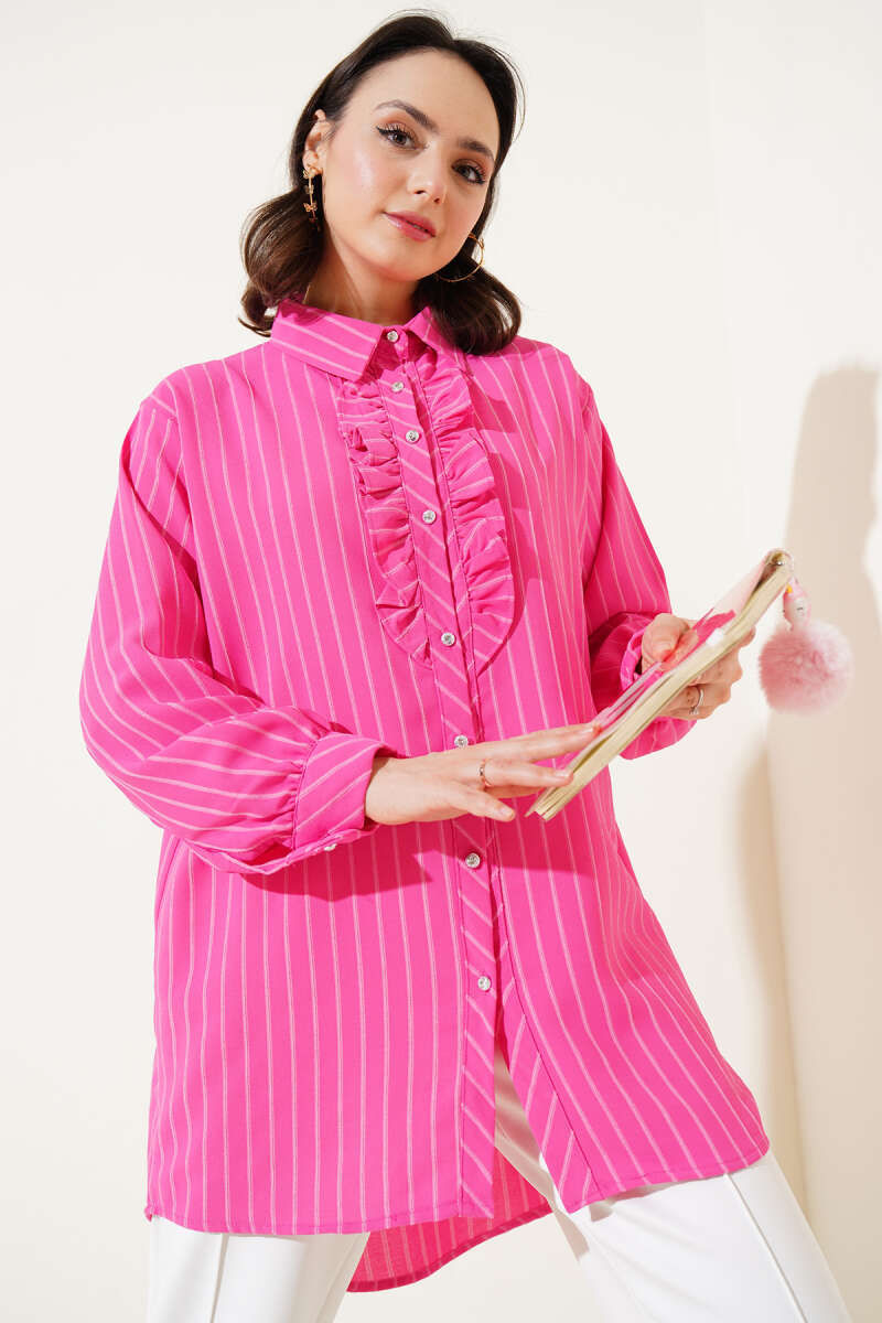 Striped Shirt with Ruffle and Stone Buttons - Fuchsia