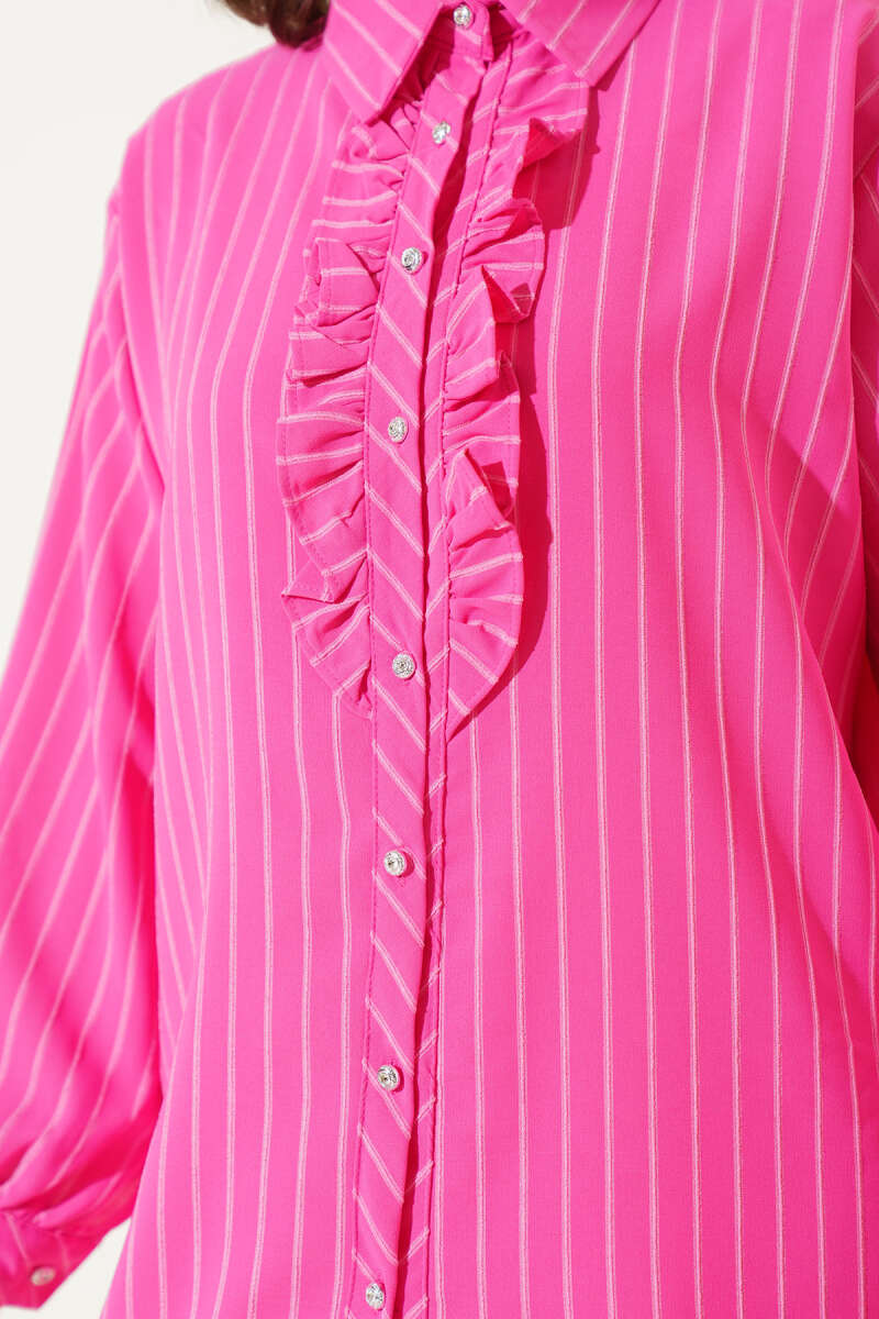 Striped Shirt with Ruffle and Stone Buttons - Fuchsia