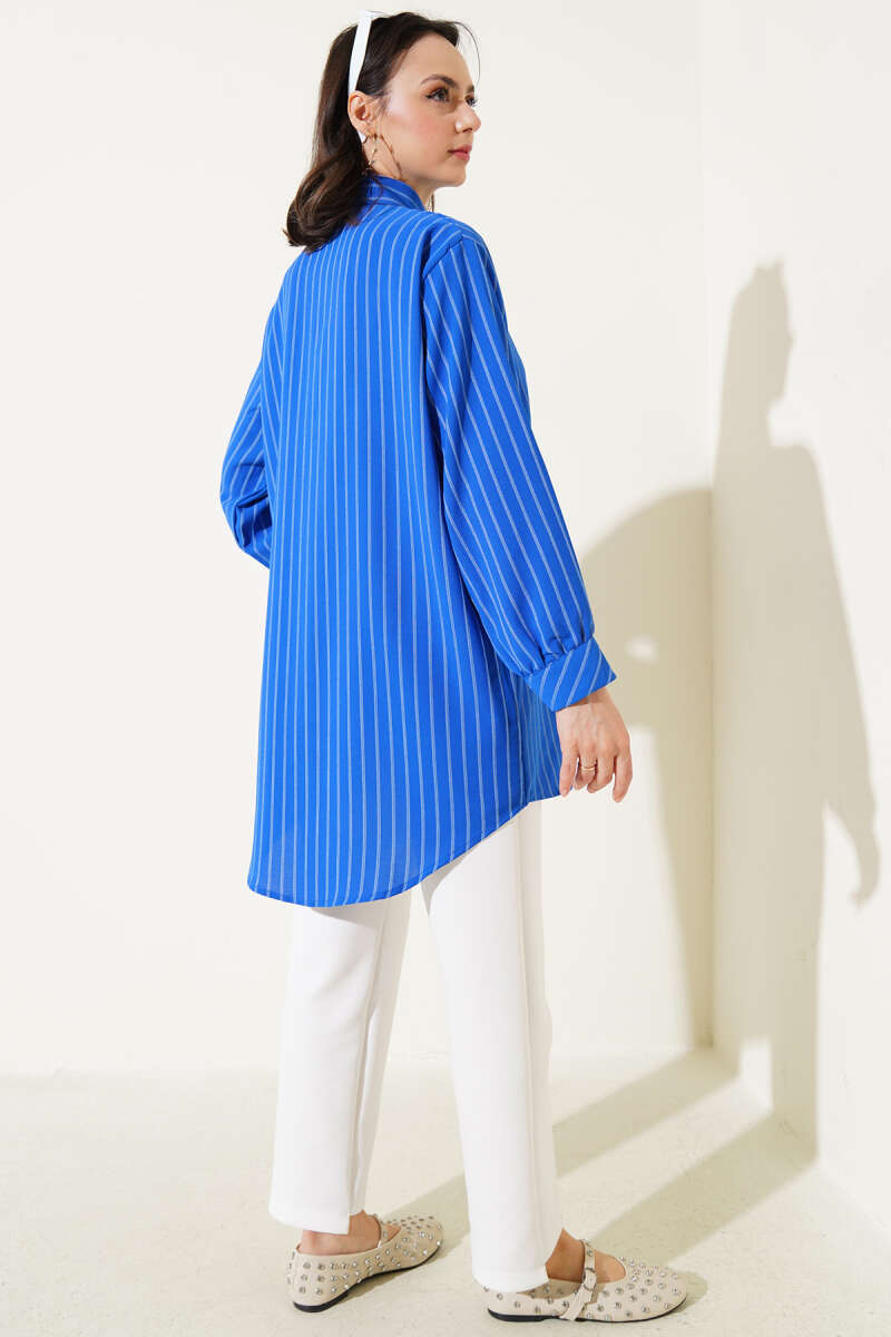 Striped Shirt with Ruffle and Stone Buttons - Saxe Blue