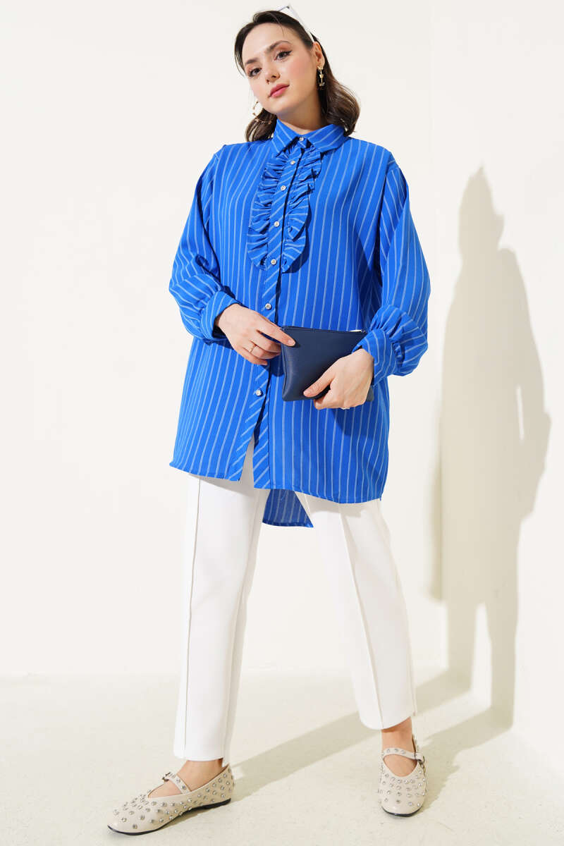 Striped Shirt with Ruffle and Stone Buttons - Saxe Blue