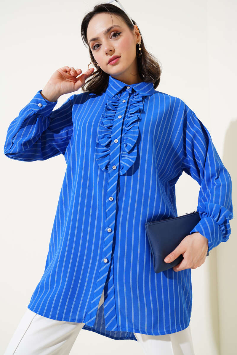 Striped Shirt with Ruffle and Stone Buttons - Saxe Blue