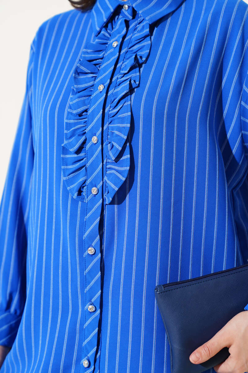 Striped Shirt with Ruffle and Stone Buttons - Saxe Blue
