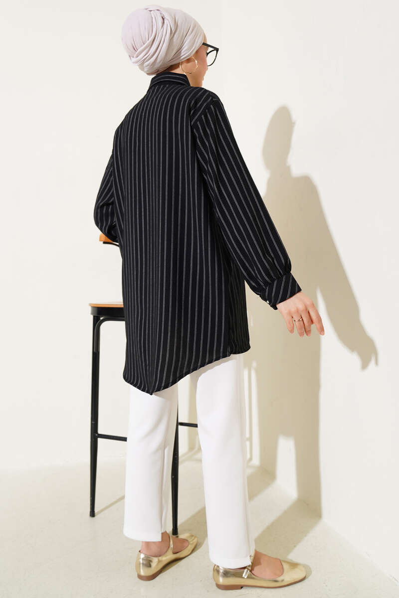 Striped Shirt with Ruffle and Stone Buttons - Black