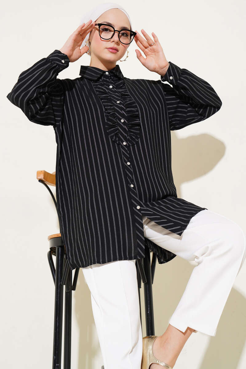 Striped Shirt with Ruffle and Stone Buttons - Black