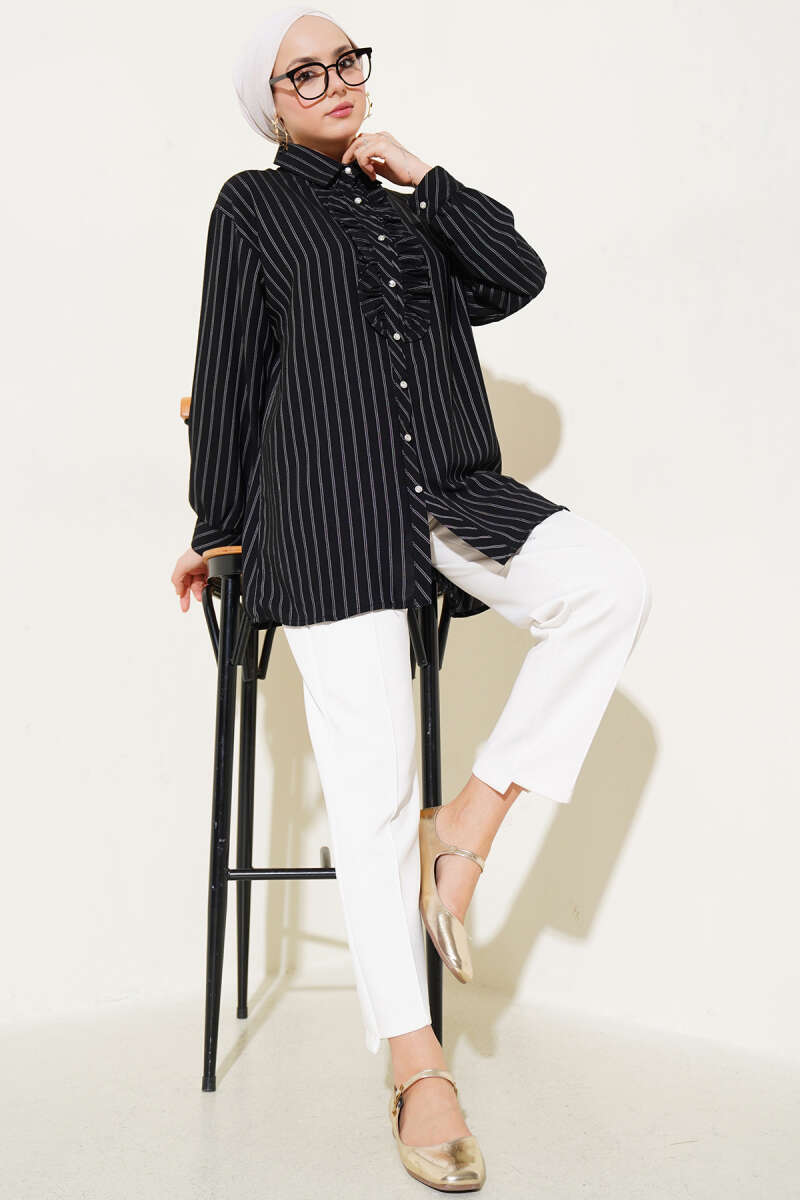 Striped Shirt with Ruffle and Stone Buttons - Black