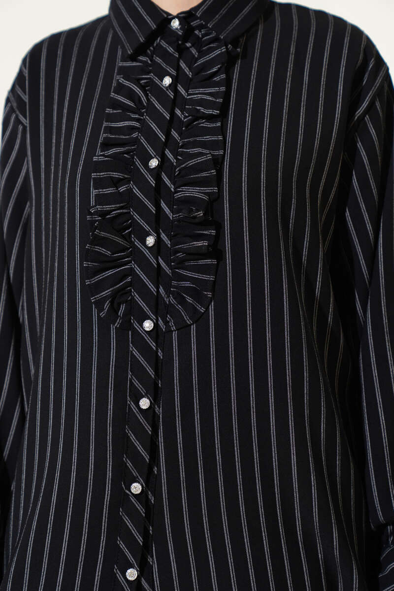 Striped Shirt with Ruffle and Stone Buttons - Black