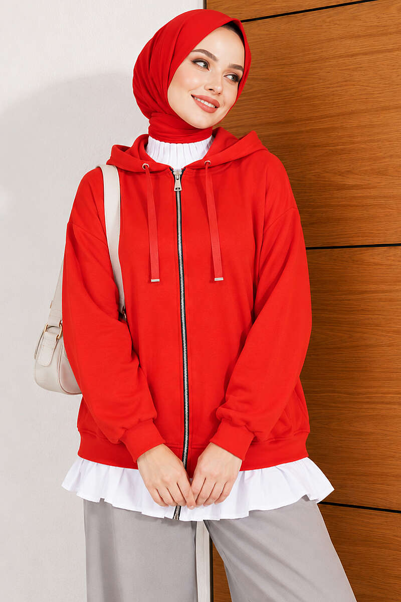 Hooded Loycha Cardigan with Ruffle Trim - Red